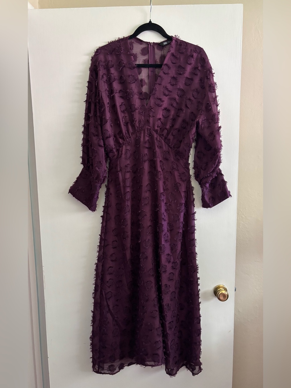 Zara Deep Plum Textured V-Neck Midi Dress - Women